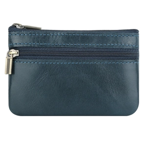 Dark blue crazy horse leather coin purse with double zippers and durable metal hardware