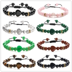 Natural Heart Stone Beaded Bracelet Tiger Eye Agate Malachite Adjustable Woven Cord Unisex Jewelry Fashion