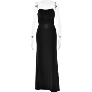 Sleek black strapless maxi dress with backless lace-up and ruched details on white background