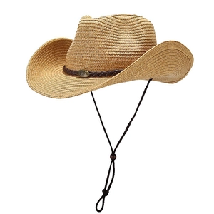 Straw cowboy sun hat with brown decorative band and adjustable windproof chin strap
