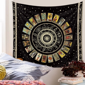Close-up of astrological tapestry showing zodiac wheel and tarot card patterns