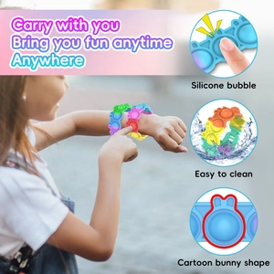 Detail of colorful silicone bunny pop fidget bracelet showing bubbles and waterproof texture