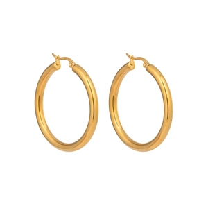 Detailed close-up of classic minimalist gold hoop earrings with a polished finish
