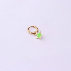 Detail of gold star earring with vibrant fluorescent green enamel dripping oil finish