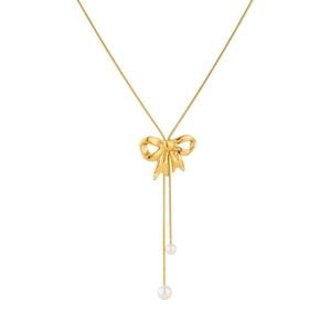 Elegant gold stainless steel snake chain necklace with bow and pearl tassels