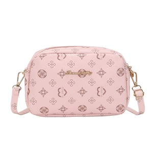 Pink faux leather crossbody camera bag with classic floral monogram print for women