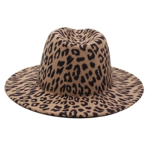 Stylish leopard print wool felt fedora hat with a wide brim in vintage British jazz style