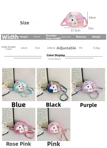 Size diagram of cute unicorn girls crossbody bag with dimensions and 108cm adjustable strap