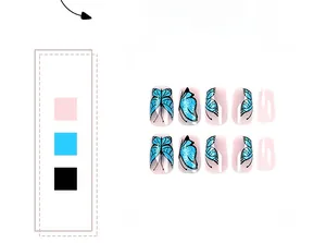 Detailed view of hand-painted blue butterfly press-on nails with shiny finish