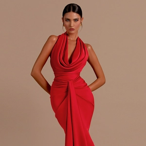 Elegant red backless halter neck satin evening dress with waist pleats and slim silhouette