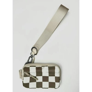 Close-up of checkerboard pattern coin purse with detachable wrist strap and metal hook
