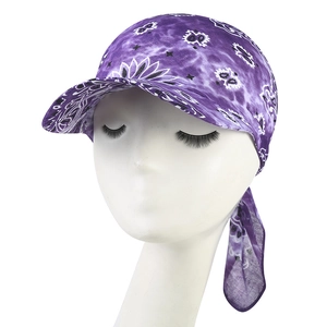 Detail of purple paisley bandana hat showing breathable fabric and structured sun visor