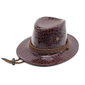 Detail of dark red faux crocodile leather cowboy hat with braided rope and metal eyelets