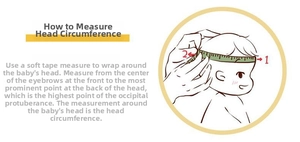 Infant head size measurement guide with diagram for baby sun hat sizing and fit