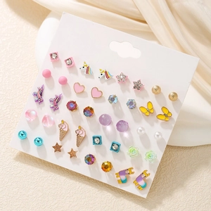 Cute assorted animal and geometric earring set featuring unicorns, stars, and hearts