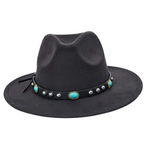 Western Fedora Hat With Turquoise Studded Leather Band Vintage Wide Brim Ethnic Style Cowboy Jazz Felt Hat