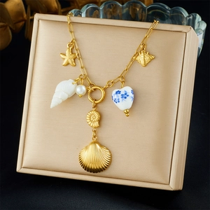 Stainless Steel Ocean Theme Necklace With Scallop Starfish Bee And Blue Pattern Heart Pendant Summer Beach Jewelry