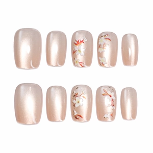 Faux ongles Cat-eye champagne avec motifs floraux, forme carrée, ensemble de 10 pièces