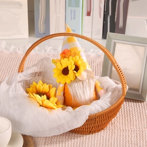 Sunflower plush gnome with yellow plaid hat and white beard in a cozy basket decor
