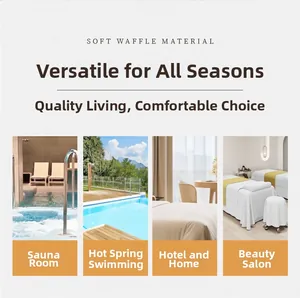 Detailed views of soft waffle material bathrobe used in sauna, pool, hotel, and beauty salon