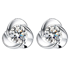 Elegant S999 silver stud earrings with a rotating triple petal design and sparkling zircon
