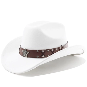 Detail of white felt cowboy hat with brown leather band, silver studs and star badge