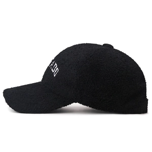 Women's warm black fleece baseball cap with white letter embroidery for winter