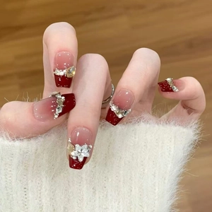 French Gradient Wine Red Coffin Press On Nails Handmade Rhinestone Artificial Pearl Star Decor Elegant Artificial Fingernails