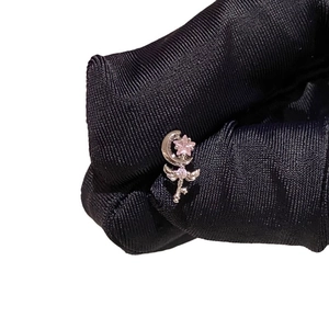 Y2K silver heart moon wand earring with pink star gemstone and butterfly wings