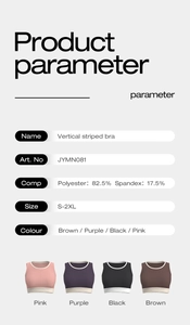 Detailed chart showing vertical striped sports bra fabric composition and size parameters