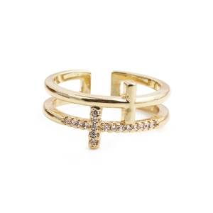 Golden double-layer open cross ring with micro-set zircon stones on white background