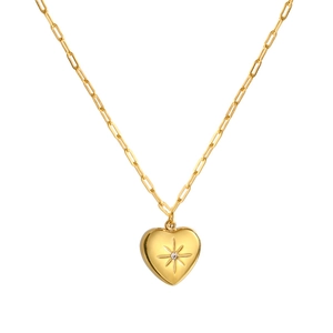 Gold heart pendant necklace with North Star engraving on a trendy paperclip chain