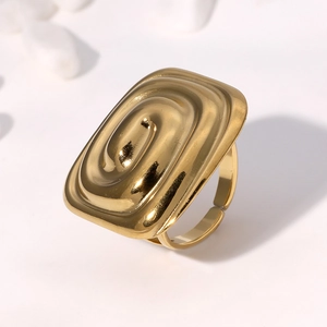 Gold plated stainless steel rectangular ring with textured surface and open design