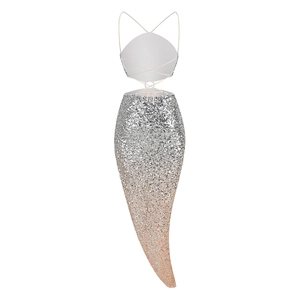 Detail of the gradient sequin dress showing silver to rose gold fade and lace-up back