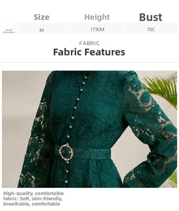 Detail of emerald green lace dress with pearl buttons and adjustable gold buckle belt