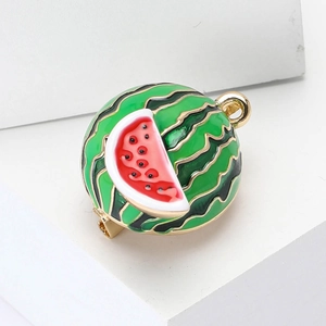 Fashionable enamel watermelon brooch in gold-tone metal with red and green finish