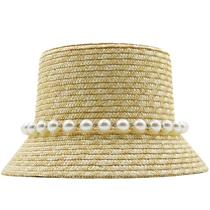 French vintage straw bucket hat with white pearl trim for women summer beach vacation