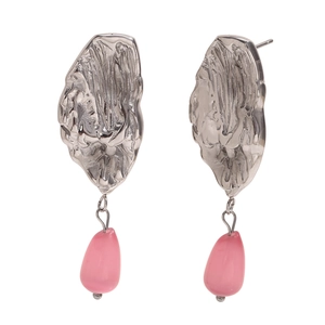 Silver liquid metal earrings with pink teardrop pendants on white background