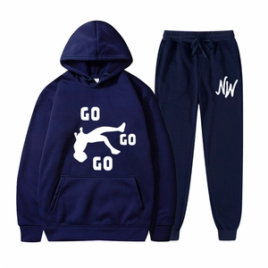 Navy blue fleece hoodie and sweatpants set with white graphic print and silhouette