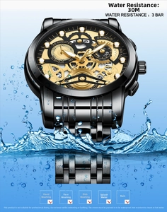 Macro view of black skeleton watch submerged in blue water showing 3ATM water resistance