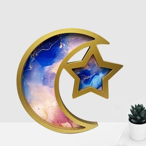 Star and moon decorative tray with colorful marble resin inlay and golden edges