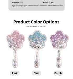 Detailed view of flower-shaped hair brushes showing glitter sequins and PS material specs