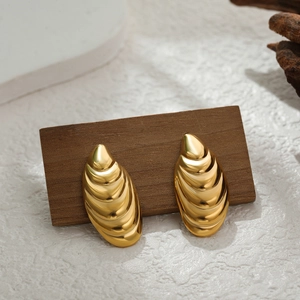 Exaggerated gold shell cocoon earrings in stainless steel with ribbed texture design