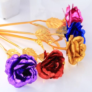 Set of five colorful gold foil artificial roses in purple red gold blue and pink colors