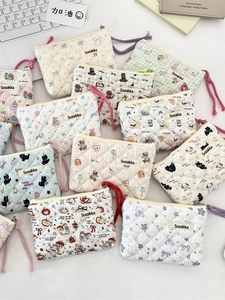 Quilted Padded Makeup Bag Cartoon Floral Pattern Portable Cosmetic Storage Pouch Zipper Coin Purse For Women