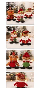 Detail view of plush Santa, Snowman and Reindeer ornaments with knitting and wooden buttons