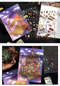 Detail of isometric DIY cafe stickers with 2.5D purple gradient architectural scenes