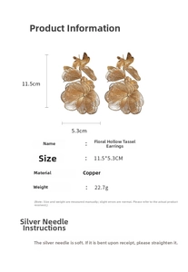 Detailed view of hollow flower tassel earrings with precise dimensions 11.5cm x 5.3cm