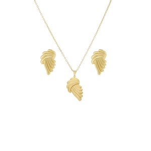 Golden feather pendant necklace and stud earrings set with metallic shine in white background