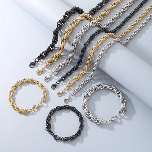 Polished stainless steel twist chain necklaces and bracelets in gold, silver and black